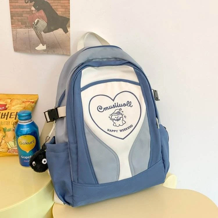 Color-Block Student Backpack with Plush Doll Pendant Sky blue color SKU reference