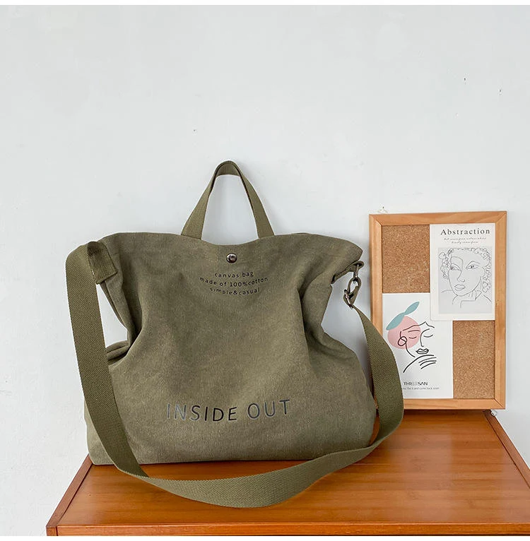 Canvas Letter-Print Shoulder & Crossbody Tote Light green color SKU reference
