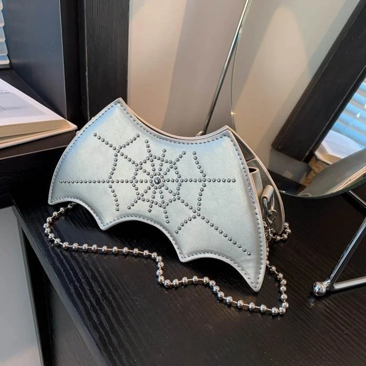 Halloween Bat & Bow PU Crossbody Bag Silver color SKU reference