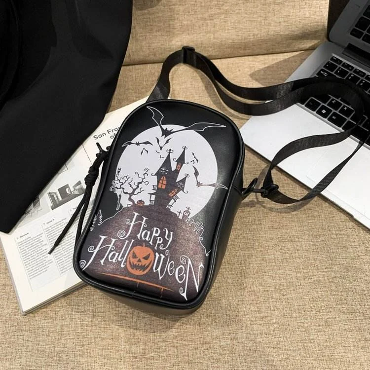 Halloween Ghost & Pumpkin PU Phone Crossbody Bag Black color SKU reference