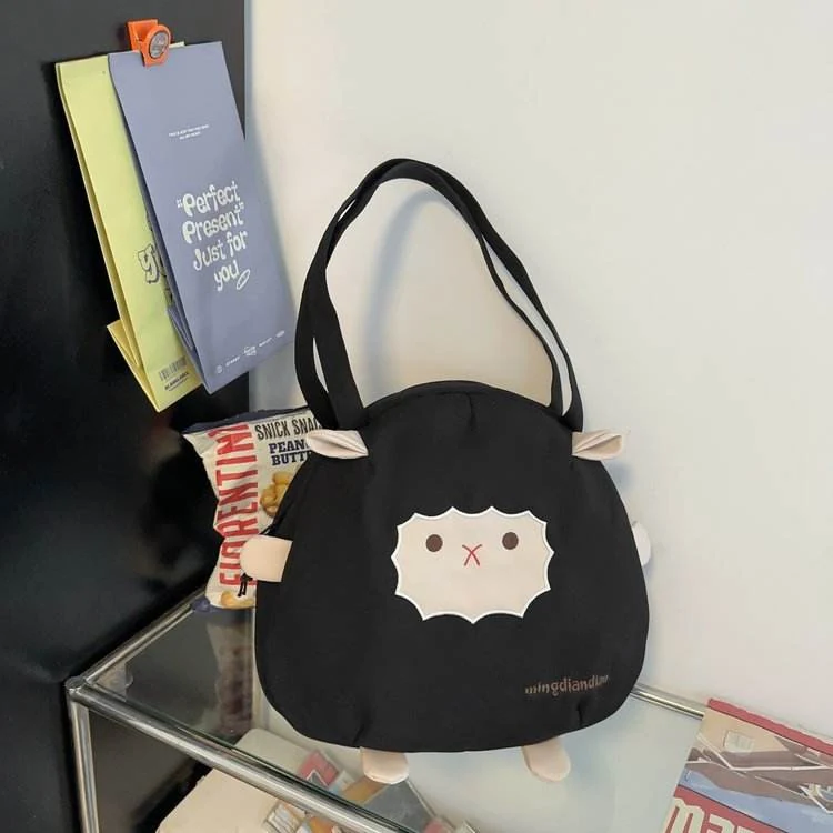 3D Sheep Embroidered Nylon Shoulder Bag with Plush Charm Black color SKU reference