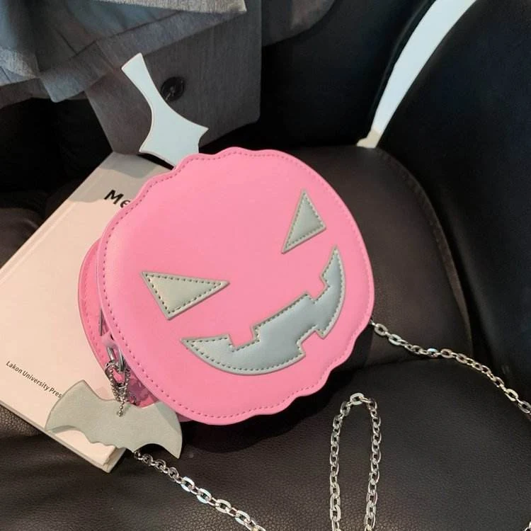 Halloween Pumpkin Face PU Mini Crossbody Bag Pink graphic color SKU reference