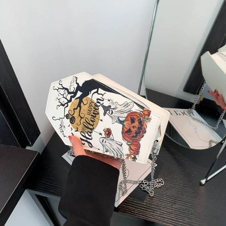 Halloween Pumpkin and Ghost PU Mini Crossbody Bag White graphic 2 color SKU reference