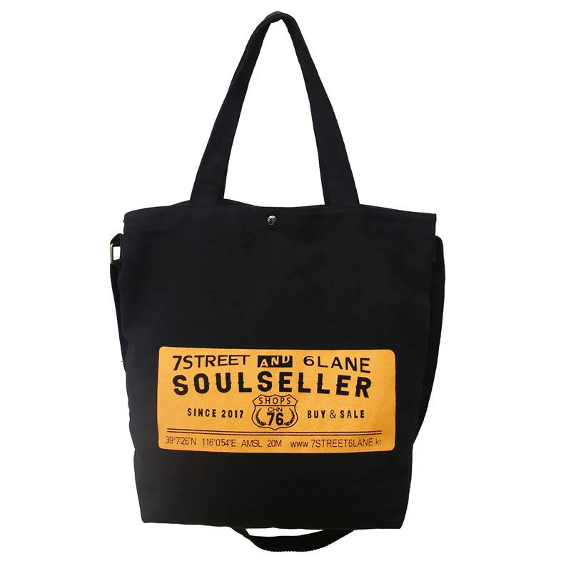 Canvas Letter-Print Tote with Zip Closure Black color SKU reference