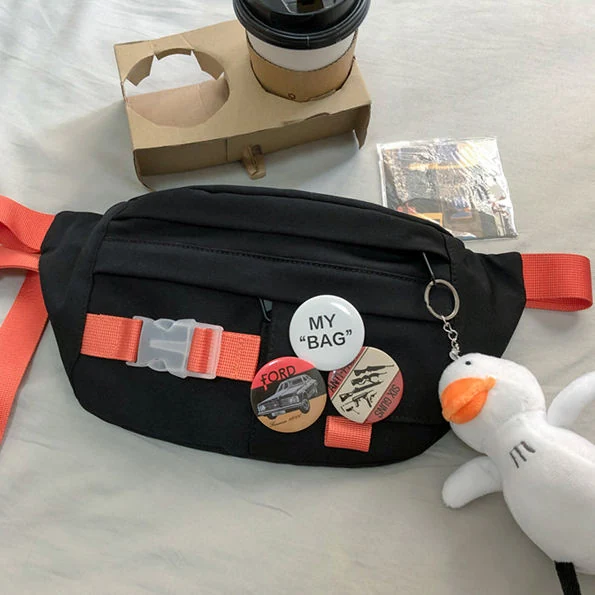 Nylon Crossbody Chest Bag with Duck Pendant Black color SKU reference