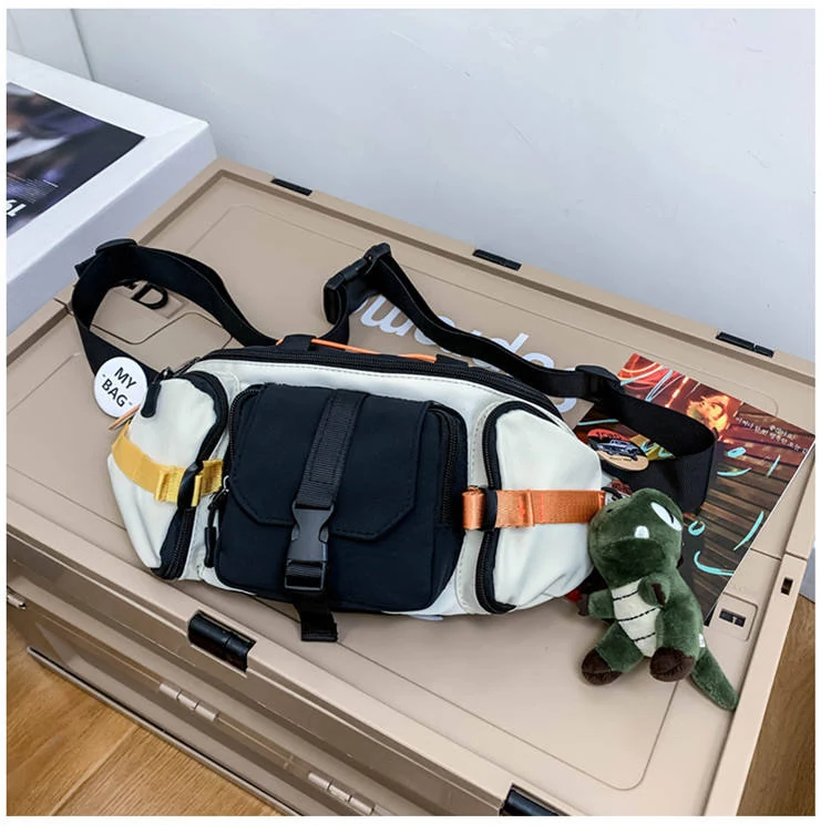 Nylon Box-Shape Chest Bag with Dinosaur Pendant White color SKU reference