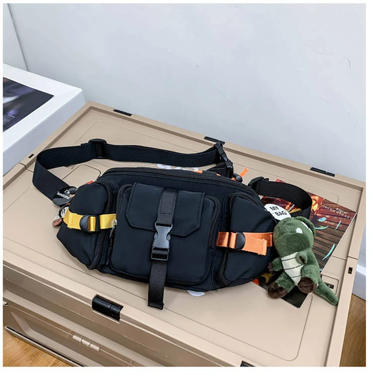 Nylon Box-Shape Chest Bag with Dinosaur Pendant Black color SKU reference