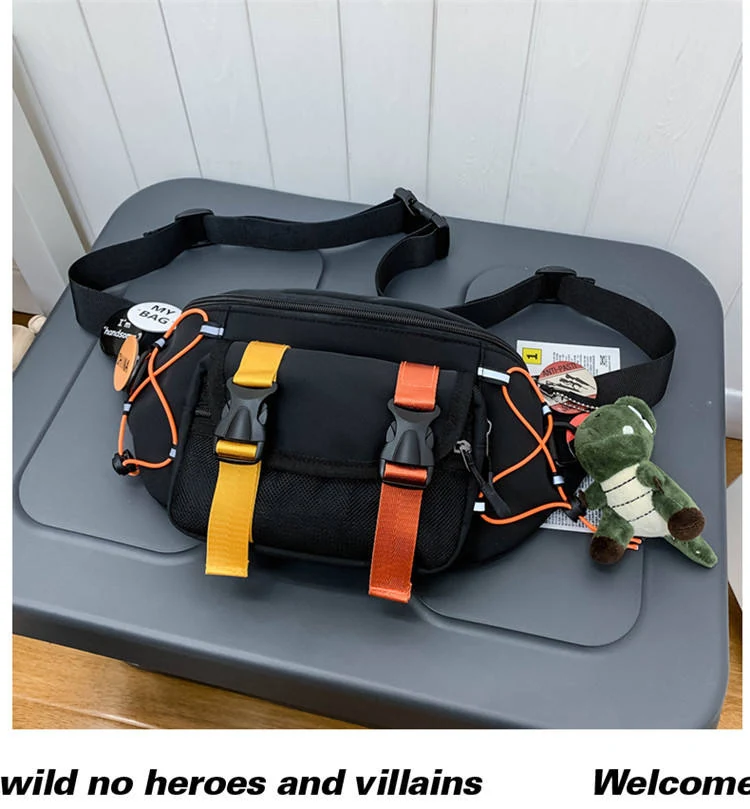 Nylon Chest and Crossbody Bag with Dinosaur Pendant Black color SKU reference