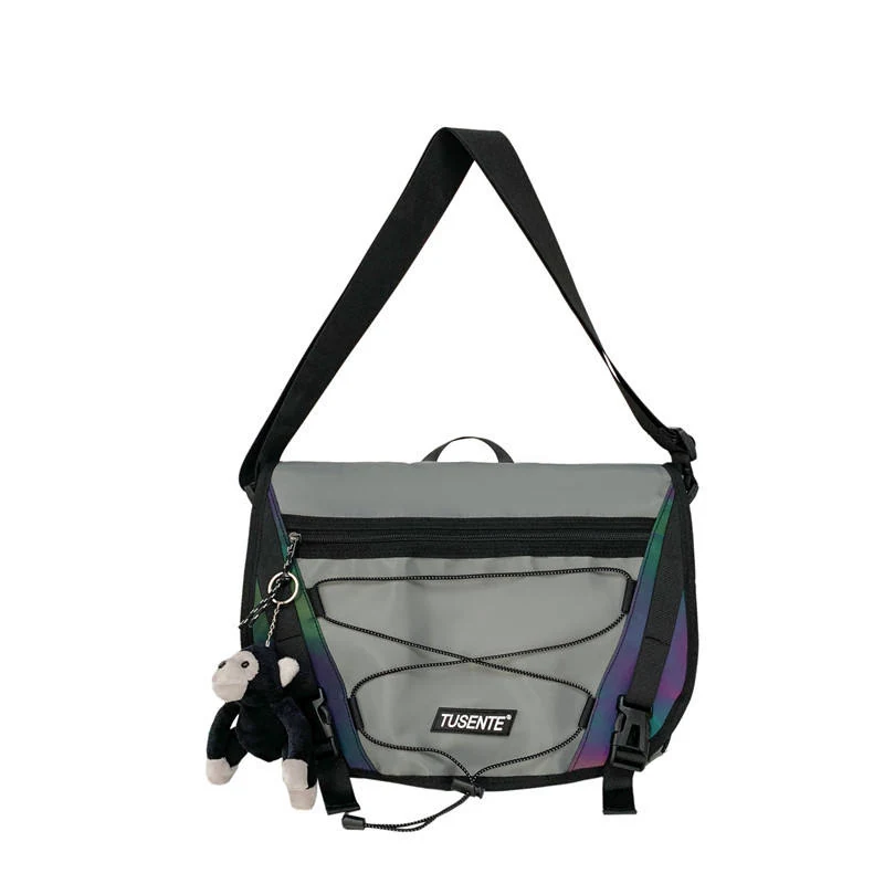 Reflective-Style Travel Shoulder Bag with Pendant Gray color SKU reference