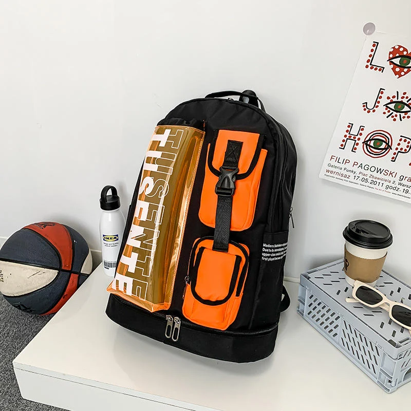 Lightweight Oxford Letter-Print Travel Backpack Black color SKU reference