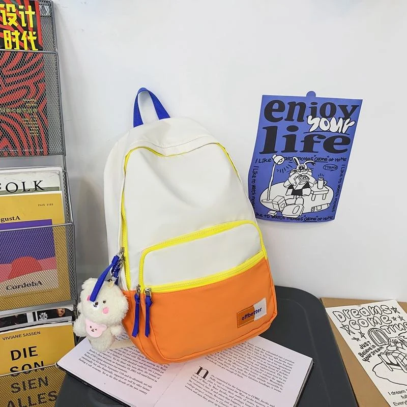Nylon Student Backpack with Bear Pendant Detail Yellow color SKU reference