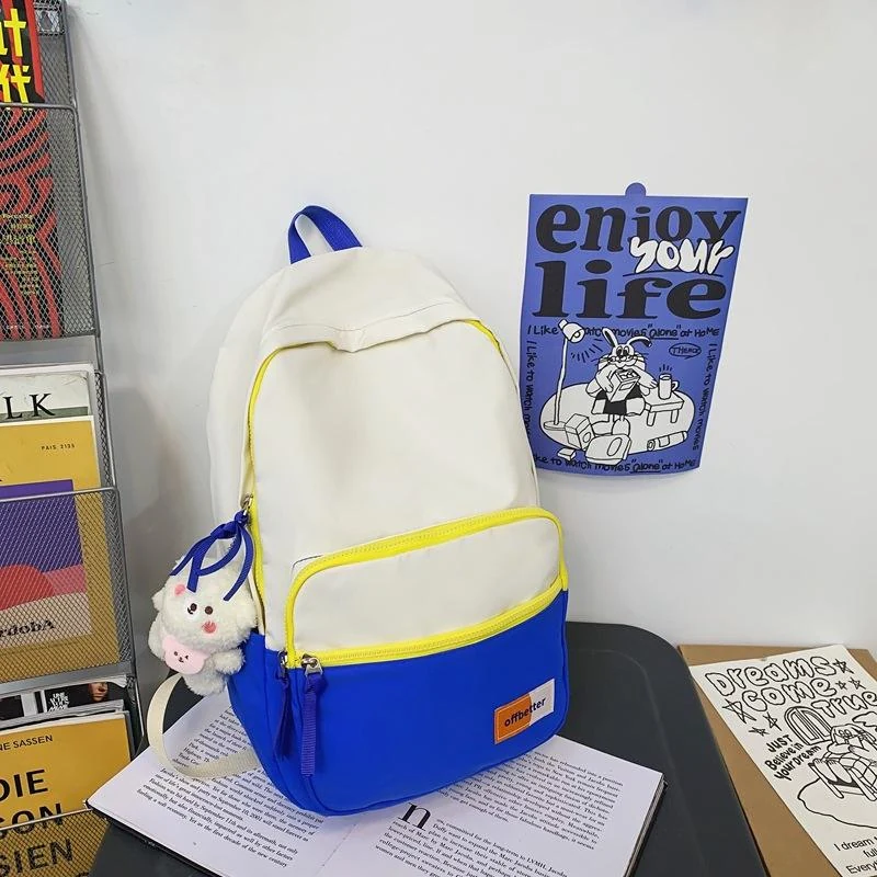 Nylon Student Backpack with Bear Pendant Detail Sky Blue color SKU reference
