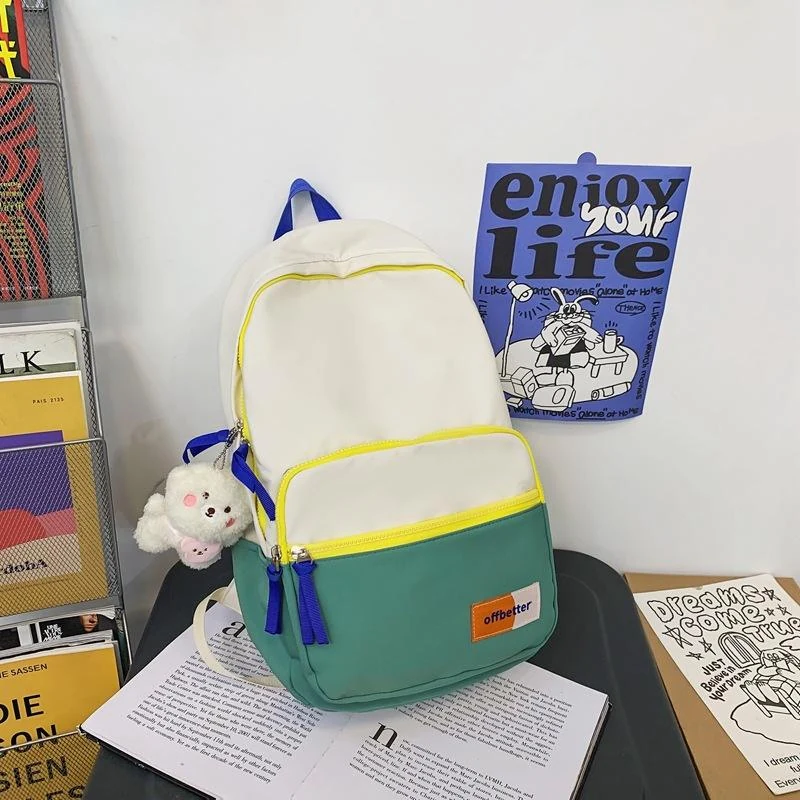 Nylon Student Backpack with Bear Pendant Detail Green color SKU reference