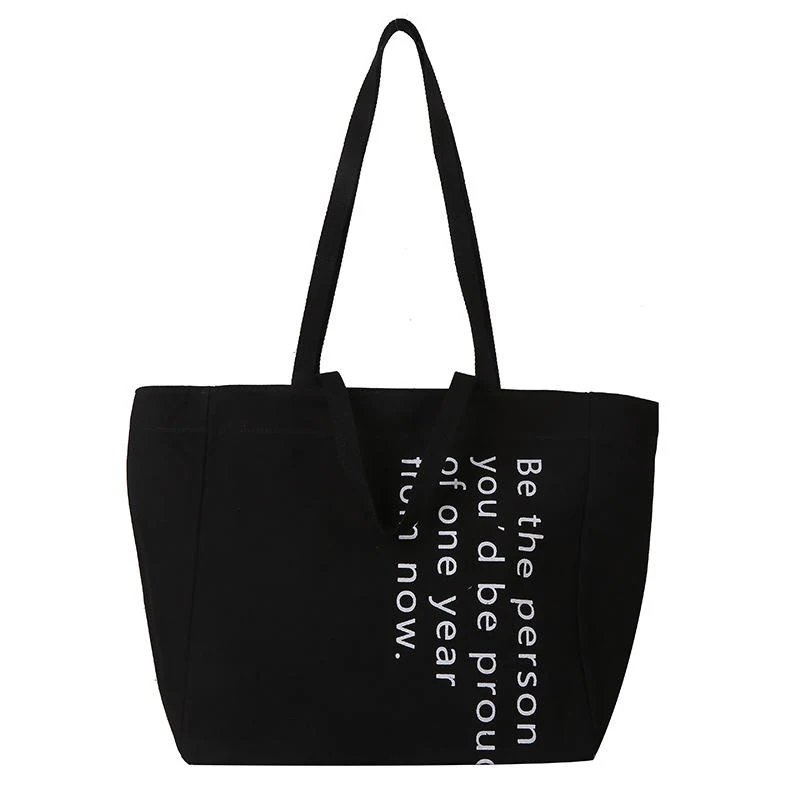 Canvas Letter-Print Travel Tote with Zip Closure Black color SKU reference