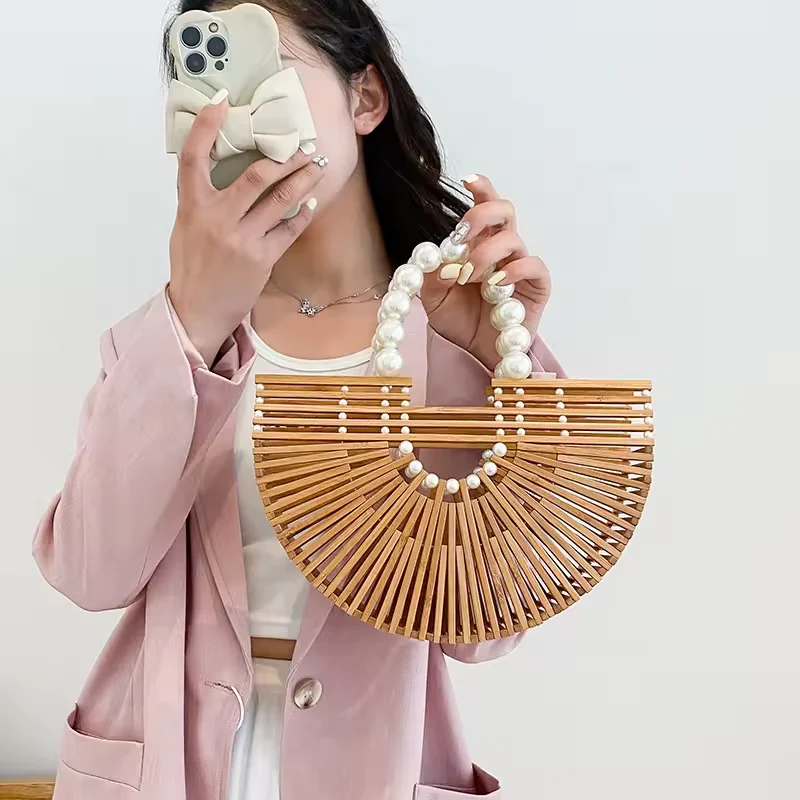 Bamboo Half-Moon Tote Bag with Beaded Handle product reference image