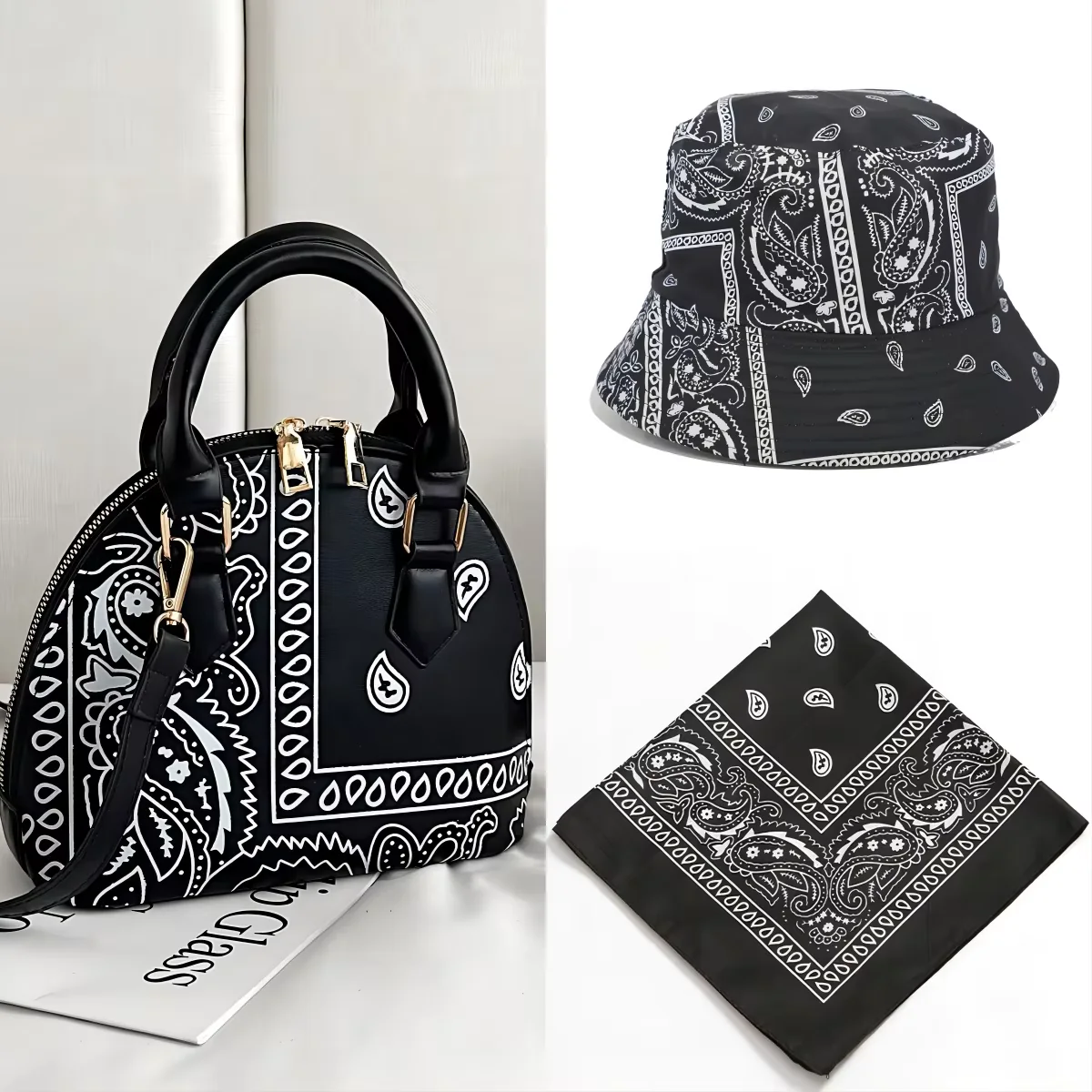 Paisley-Print Crossbody Handbag with Matching Accessory Options Black coordinated set · contents to confirm SKU overview reference