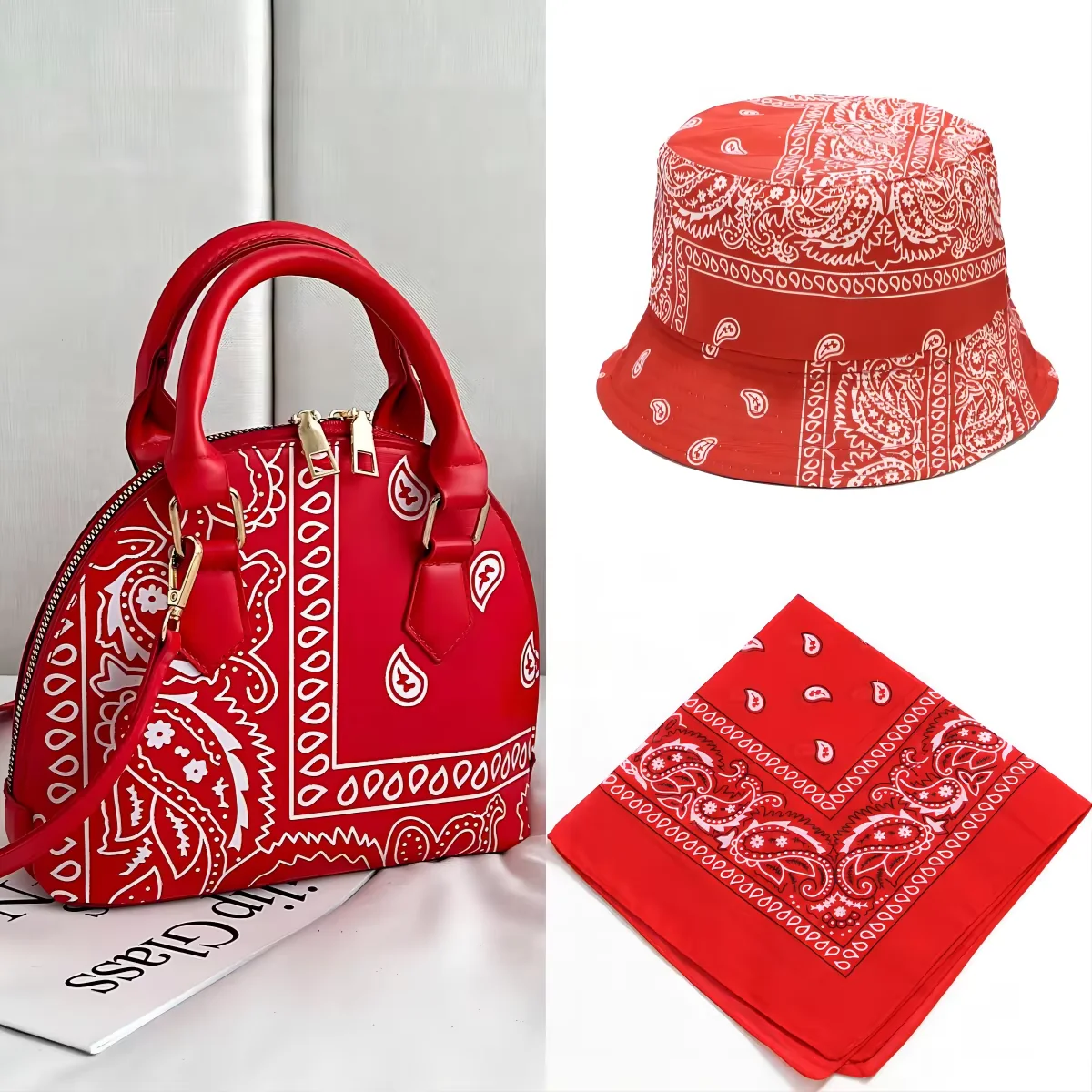 Paisley-Print Crossbody Handbag with Matching Accessory Options Red coordinated set · contents to confirm SKU overview reference