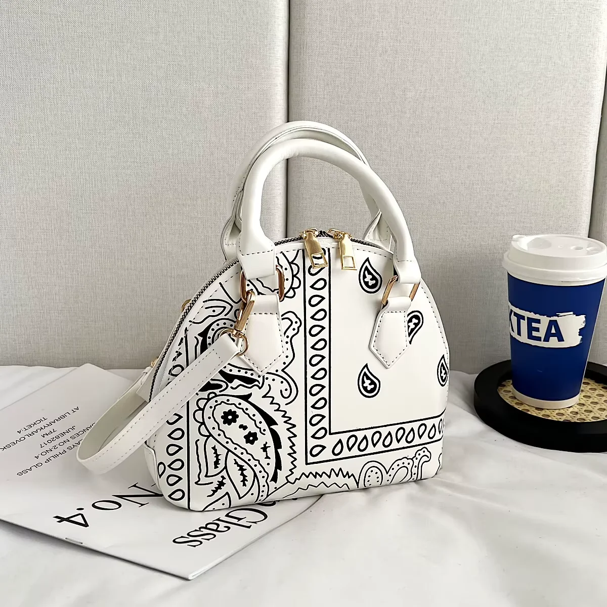 Paisley-Print Crossbody Handbag with Matching Accessory Options White handbag SKU overview reference