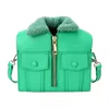 PU Shoulder Bag with Faux-Fur Collar Green color SKU reference